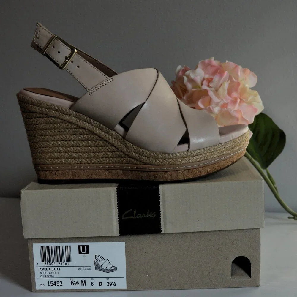 Clarks Amelia Dally Ecru Leather Espadrille Wedge Sandals - Picture 2 of 12
